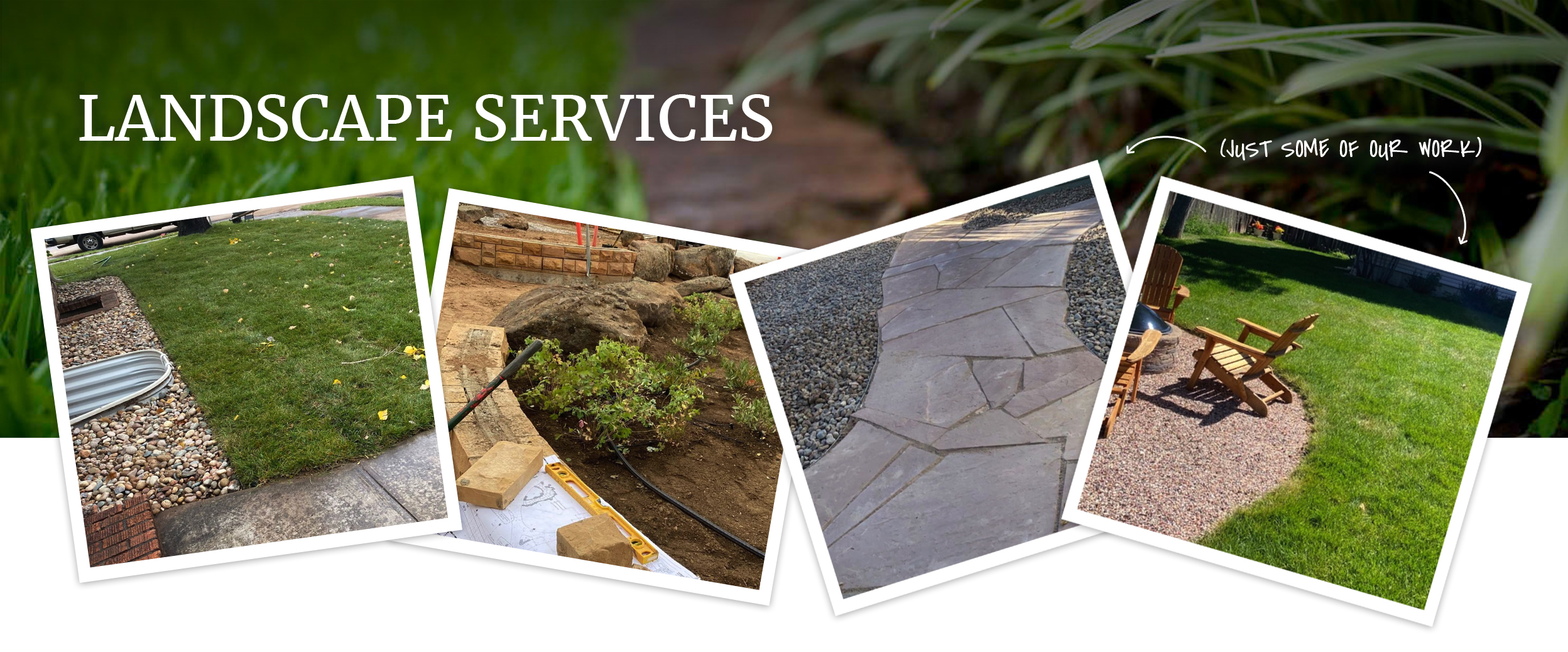 Landscaping Services with pictures of sod/grass, native plants, xeriscapes, rock paths, and more